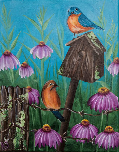 Bluebirds and Cone Flowers